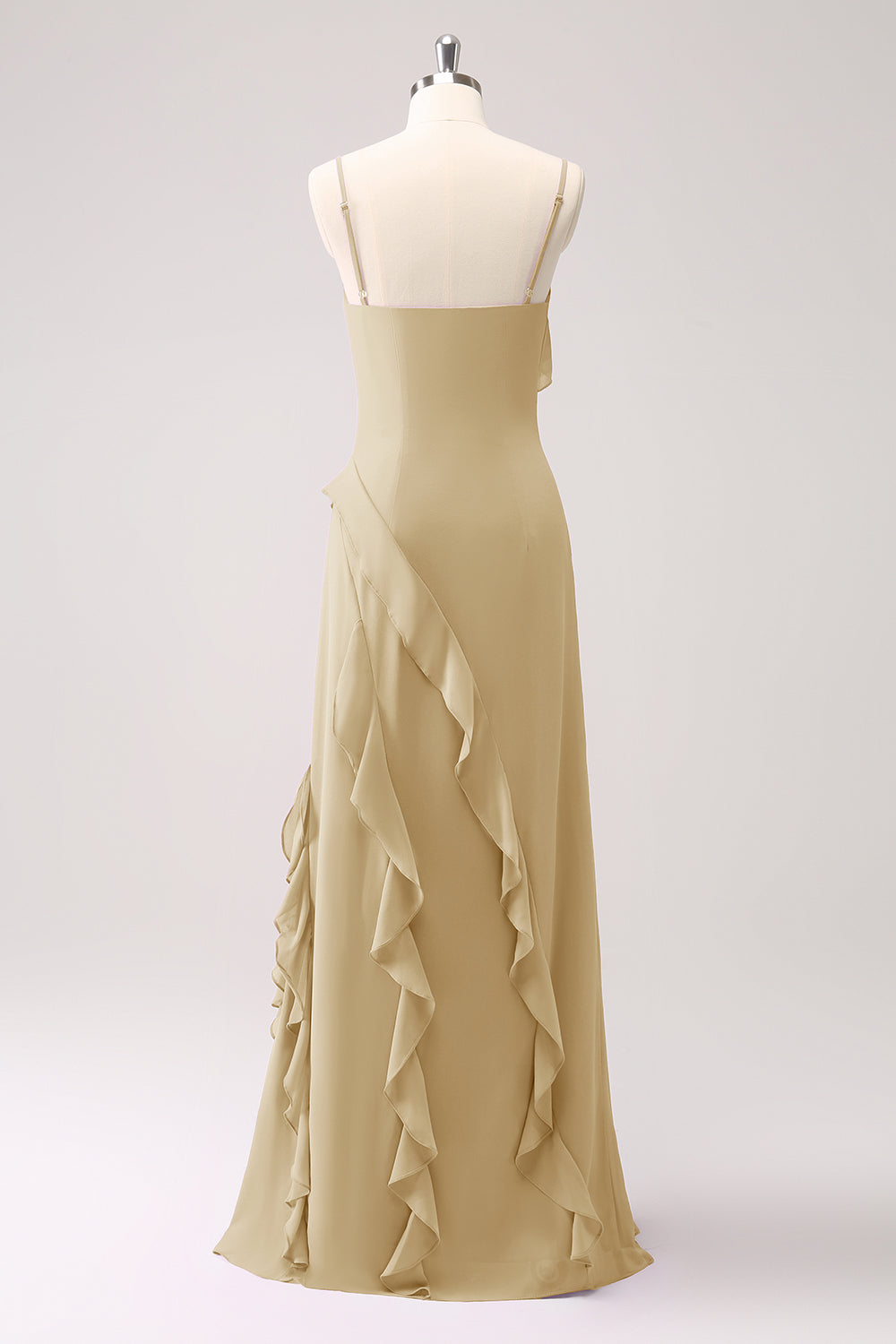 Tahiti Spaghetti Straps Chiffon Ruffled Long Bridesmaid Dress with Slit
