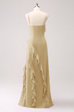 Tahiti Spaghetti Straps Chiffon Ruffled Long Bridesmaid Dress with Slit