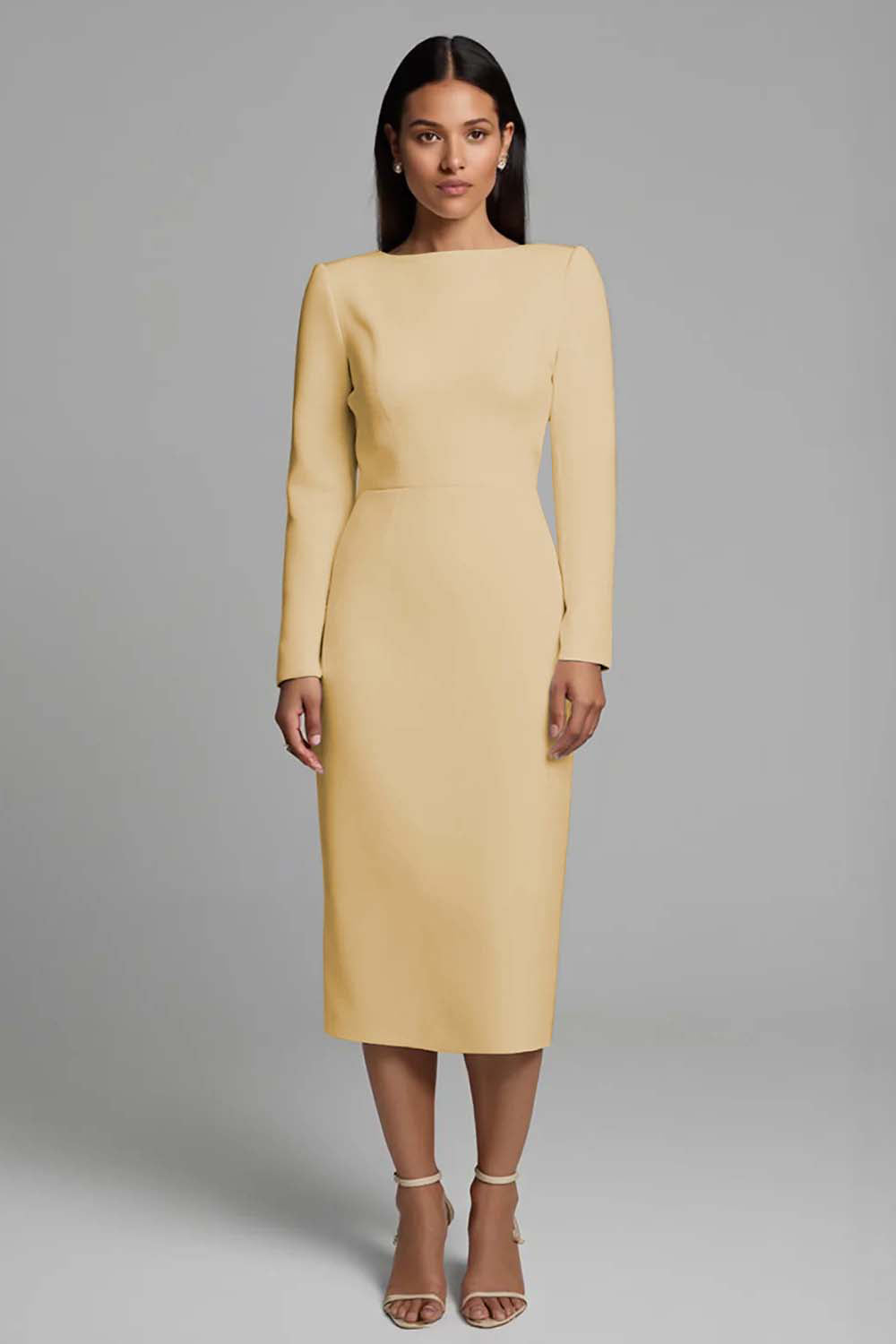 Simple Ivory Pencil Bateau Neck Midi Work Dress with Sleeves