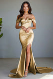 Dusty Blue Off the Shoulder Mermaid Long Prom Dress with Slit