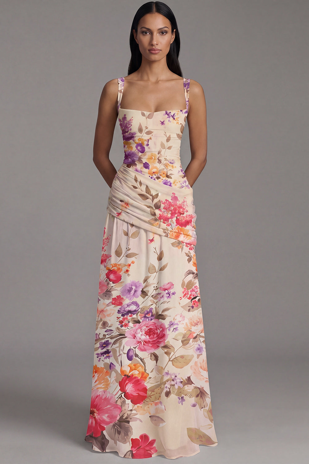 Square Neck A Line Draped Floral Maxi Ivory Beach Wedding Guest Dress