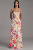 Square Neck A Line Draped Floral Maxi Ivory Beach Wedding Guest Dress