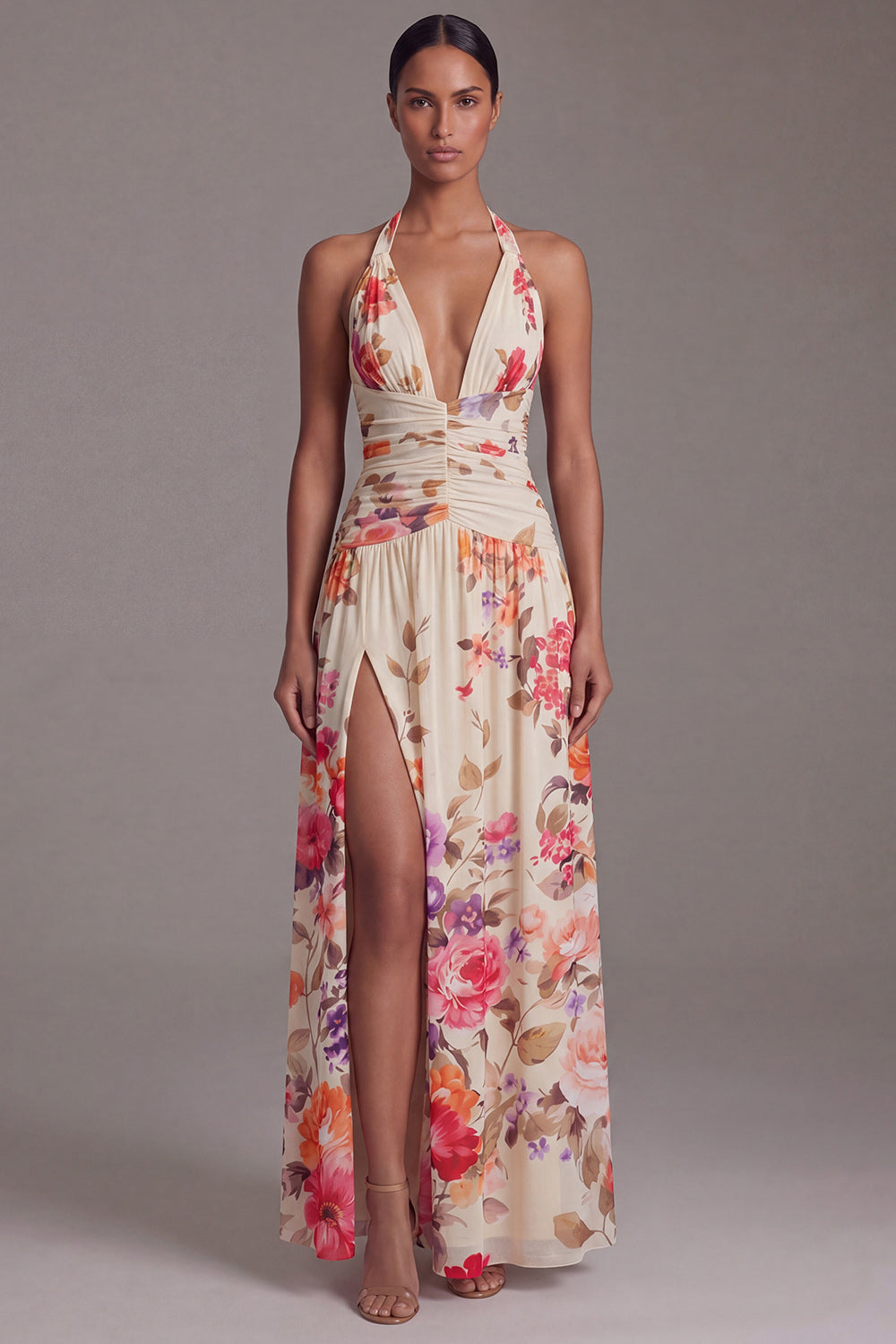 Black A Line Floral Halter Maxi Beach Wedding Guest Dress with Slit