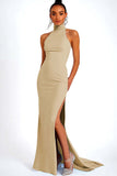 Sky Blue Mermaid Long Satin Wedding Guest Dress with Slit