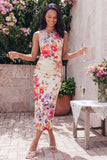 Bateau Neck Floral Maxi Bodycon Ruched Black Beach Wedding Guest Dress