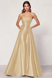 Satin Dark Green A Line Sweetheart Ruched Long Prom Dress