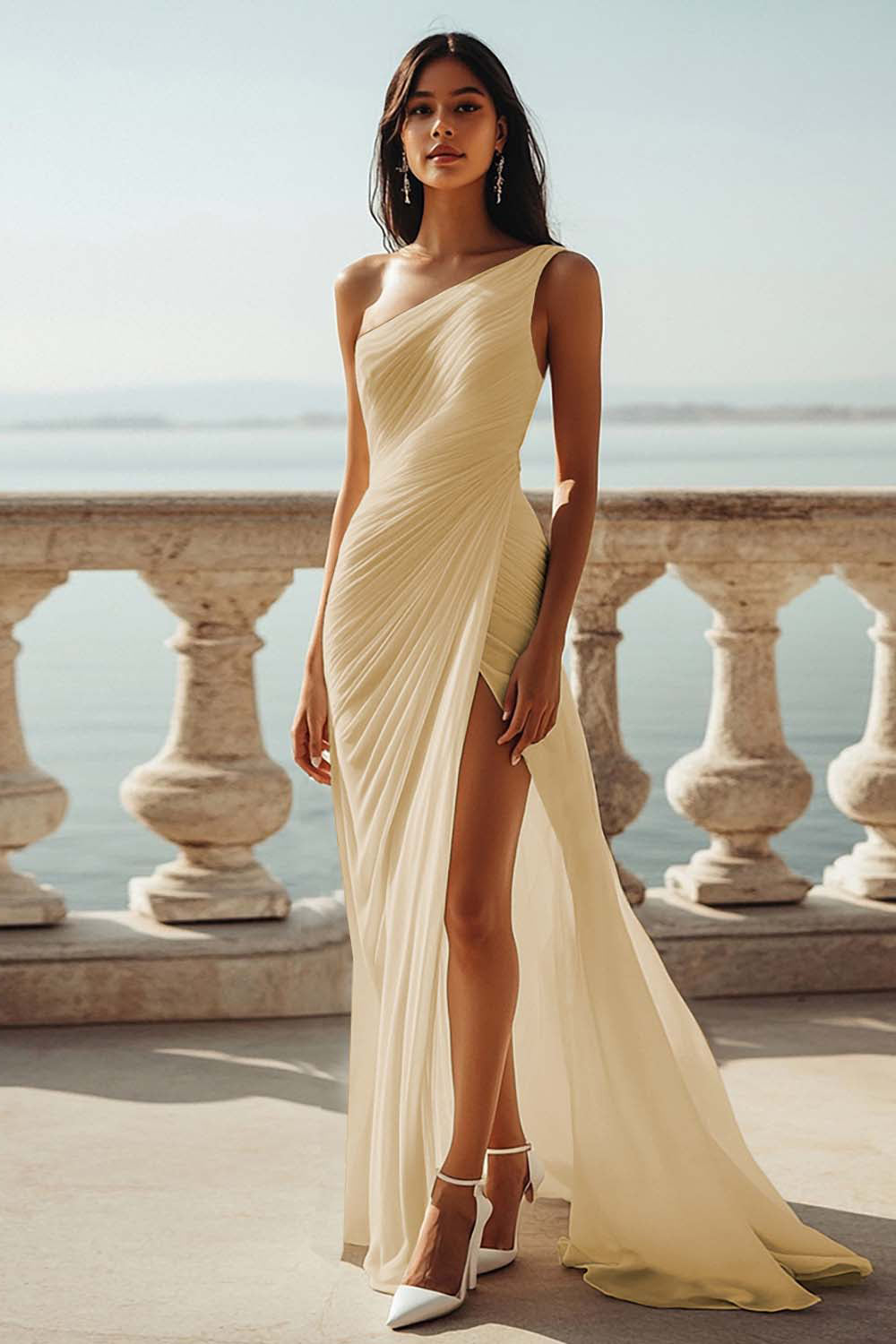 Dusty Blue Chiffon One Shoulder Beach Long Formal Dress with Slit