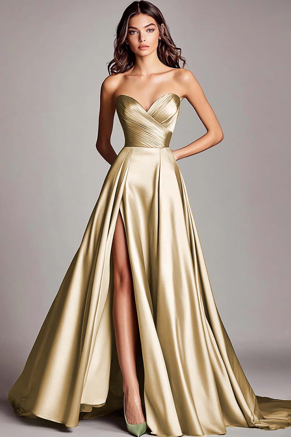 A Line Dusty Sage Sweetheart Ruched Long Prom Dress with Slit