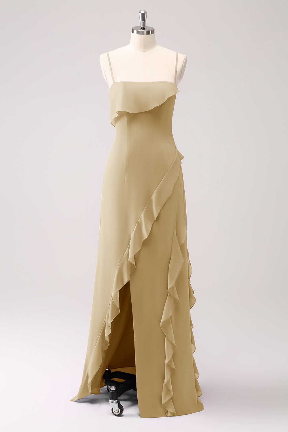 Tahiti Spaghetti Straps Chiffon Ruffled Long Bridesmaid Dress with Slit