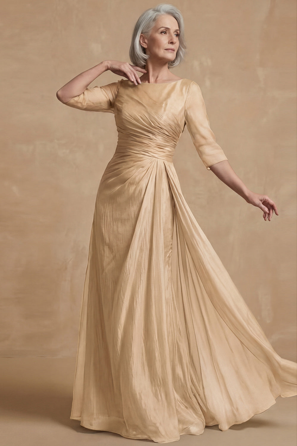 Dusty Sage Bateau Neck A Line Long Mother of the Bride Dress with Sleeves