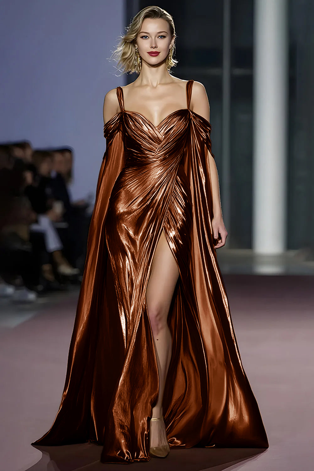 Golden Cold Shoulder Metallic Long Gala Dress with Slit
