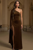 Dark Green Sheath One Shoulder Velvet Long Holiday Party Dress with Slit