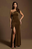 Dark Green Mermaid Velvet One Shoulder Long Holiday Party Dress with Slit