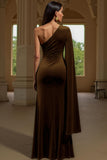 Dark Green Sheath One Shoulder Velvet Long Holiday Party Dress with Slit