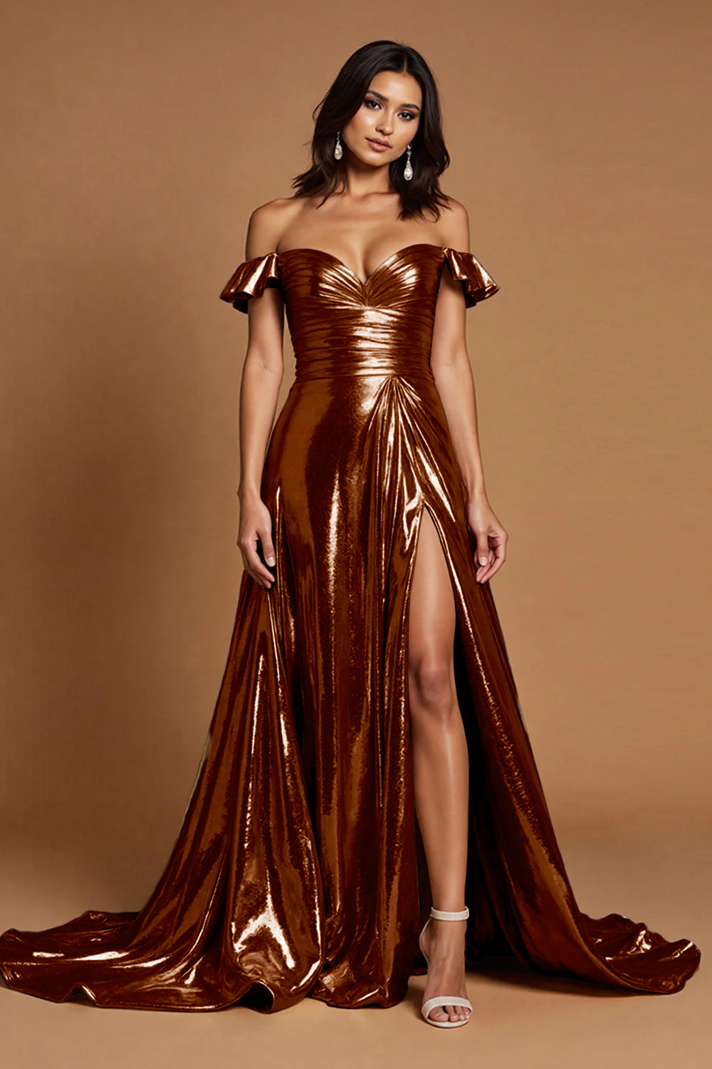 Sparkly Golden A Line Metallic Off the Shoulder Long Prom Dress with Slit