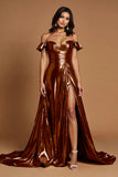Sparkly Golden A Line Metallic Off the Shoulder Long Prom Dress with Slit
