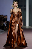 Golden Cold Shoulder Metallic Long Gala Dress with Slit