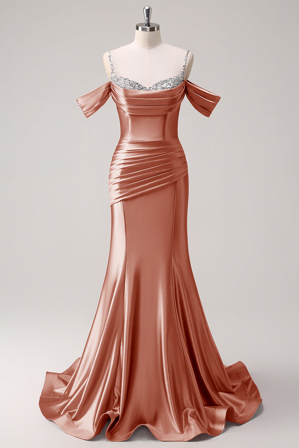 Zapakasa Women Blush Cold Shoulder Mermaid Long Prom Dress Sequined Evening Dress