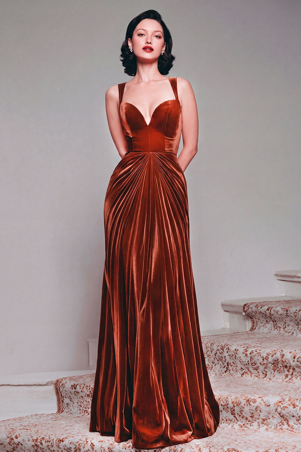 Burgundy Velvet Mermaid Thick Straps Ruched Long Holiday Party Dress