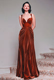 Burgundy Velvet Mermaid Thick Straps Ruched Long Holiday Party Dress