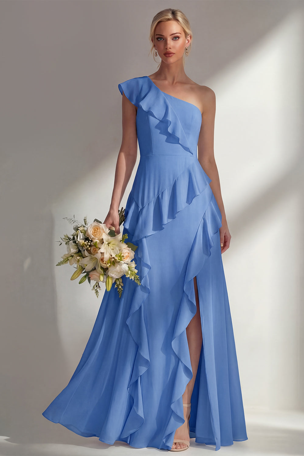 Emerald One shoulder A Line Ruffled Long Beach Bridesmaid Dress with Slit