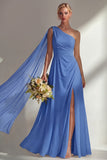 One Shoulder Ruched Burgundy A Line Long Beach Bridesmaid Dress with Side Cape