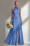 A Line High Neck Ruffled Butter Yellow Long Beach Bridesmaid Dress with Slit