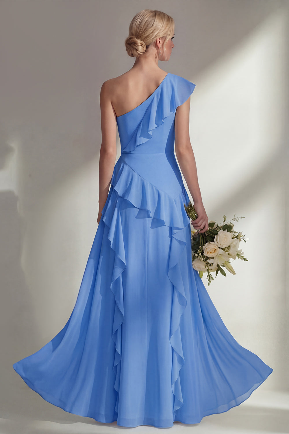 Emerald One shoulder A Line Ruffled Long Beach Bridesmaid Dress with Slit