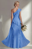 Emerald One shoulder A Line Ruffled Long Beach Bridesmaid Dress with Slit
