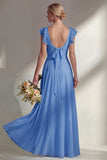 Boat Neck A Line Dusty Blue Long Beach Bridesmaid Dress with Ruffles