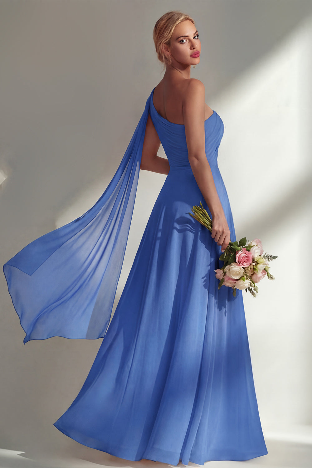 One Shoulder Ruched Burgundy A Line Long Beach Bridesmaid Dress with Side Cape