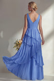 V-Neck A Line Light Pink Long Beach Bridesmaid Dress with Ruffles