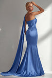 Burgundy Satin Mermaid Neck Scarf Ruched Long Prom Dress