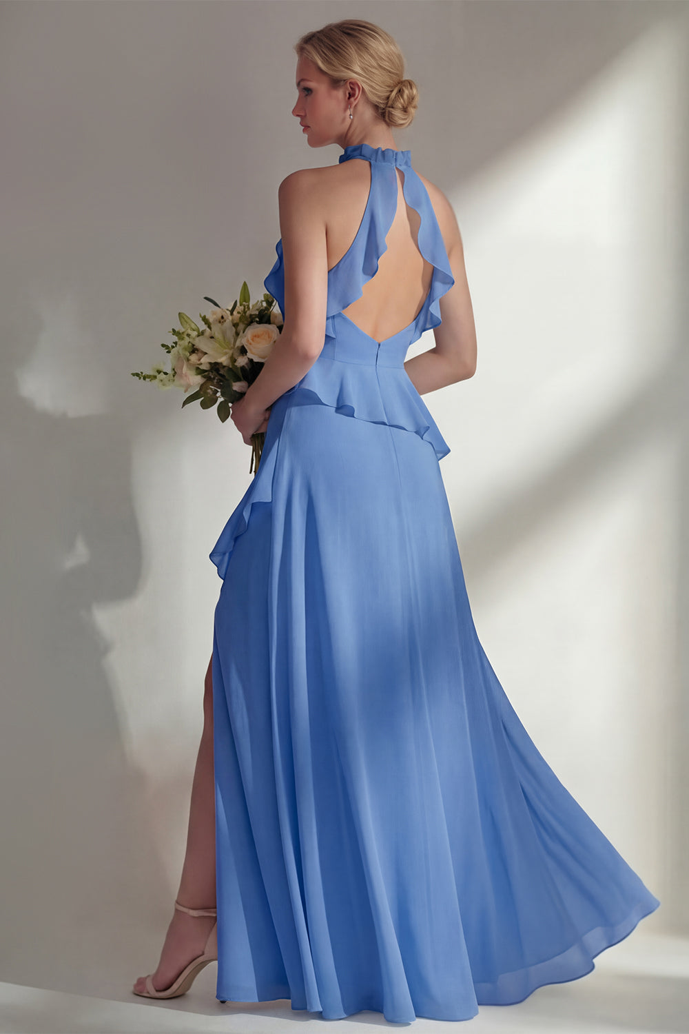 A Line High Neck Ruffled Butter Yellow Long Beach Bridesmaid Dress with Slit
