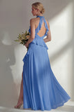 A Line High Neck Ruffled Butter Yellow Long Beach Bridesmaid Dress with Slit
