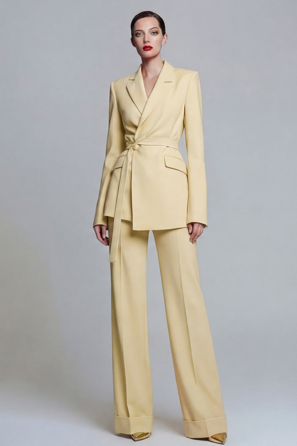 Yellow 2 Piece Notched Lapel Slim Fit Wide Leg Prom Suits with Sash