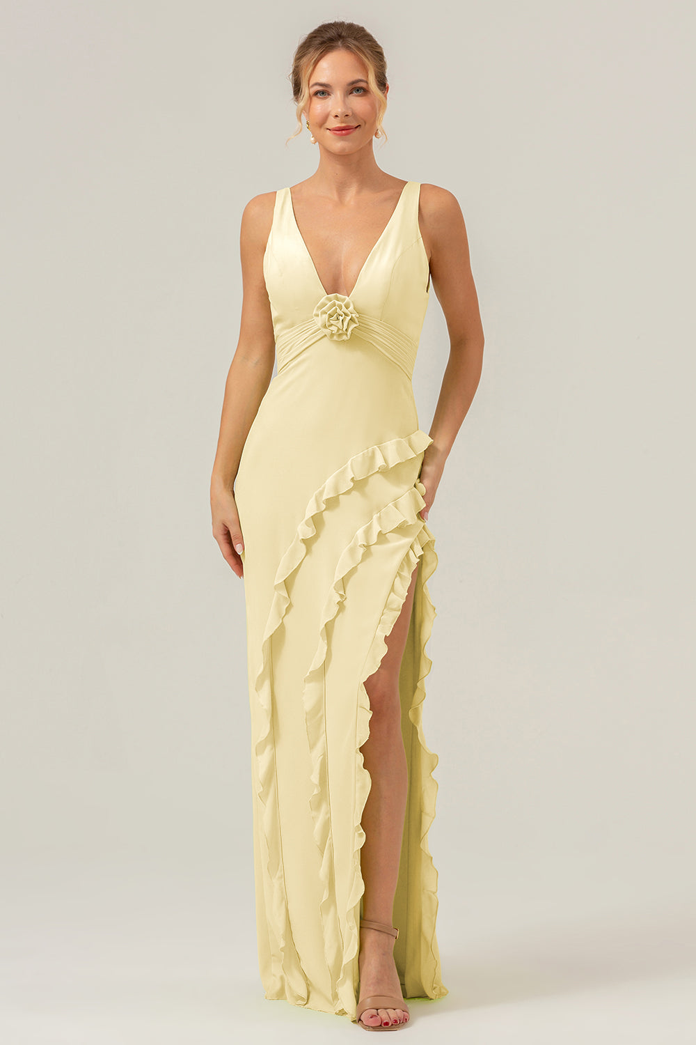 Lime Deep V Neck Ruffles Long Bridesmaid Dress with Slit