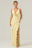 Lime Deep V Neck Ruffles Long Bridesmaid Dress with Slit