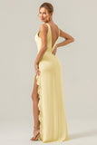 Lime Deep V Neck Ruffles Long Bridesmaid Dress with Slit