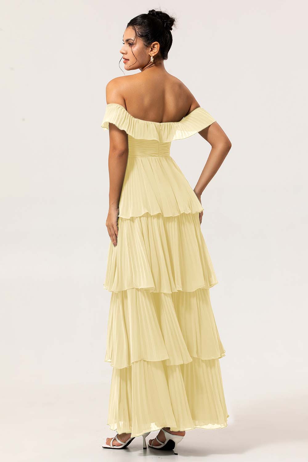 Eucalyptus Off The Shoulder Pleated Long Tiered Bridesmaid Dress