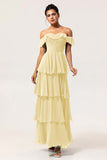 Eucalyptus Off The Shoulder Pleated Long Tiered Bridesmaid Dress
