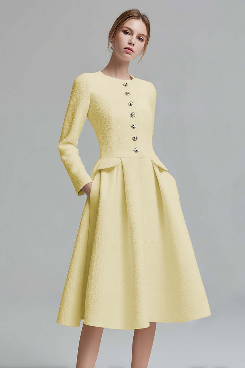 Ivory Tweed Long Sleeves A Line Midi Pageant Interview Dress with Pockets