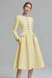 Ivory Tweed Long Sleeves A Line Midi Pageant Interview Dress with Pockets