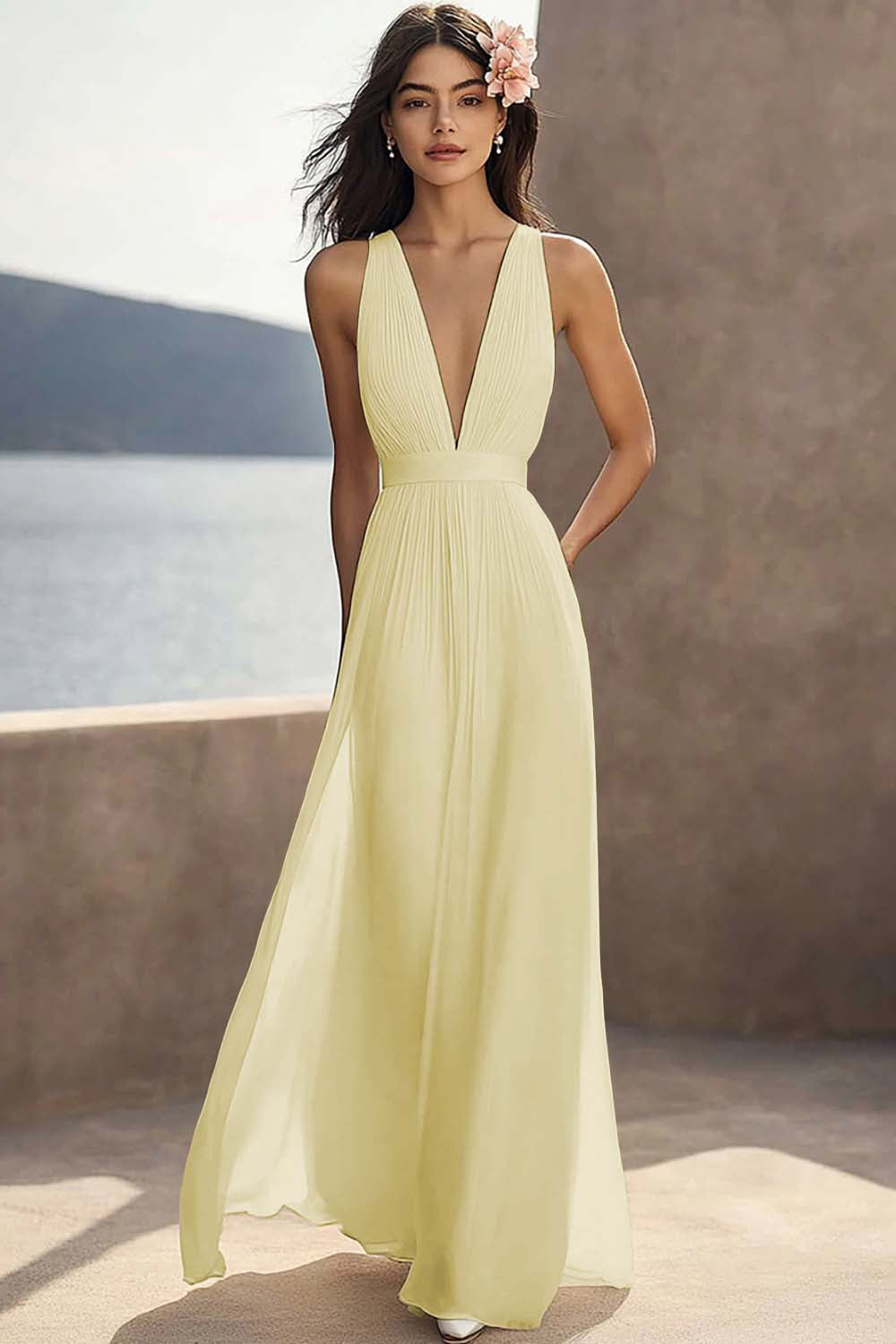 Chiffon Ivory Ruched Deep V-Neck Beach Maxi Engagement Dress