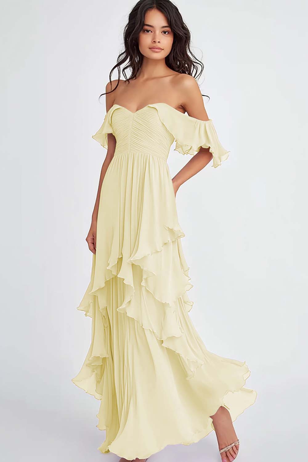 off the shoulder dress with ruffles at the bottom Isla Long Crepe Off The Shoulder Ruffle Dress