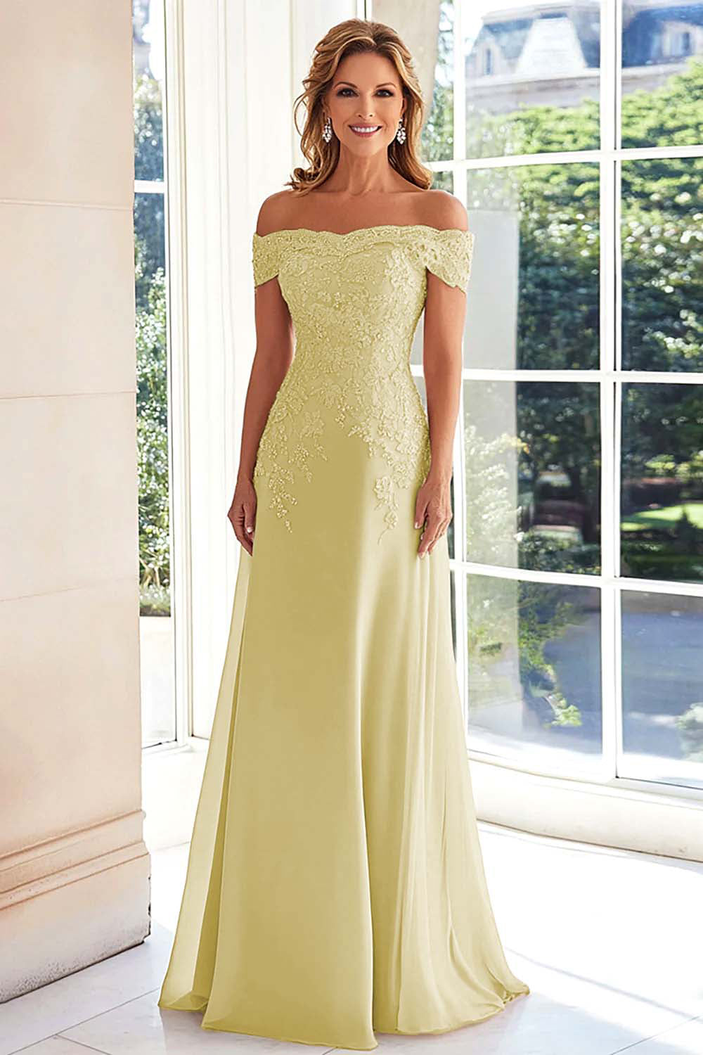 Taupe Off the Shoulder Chiffon Sheath Long Mother of the Bride Dress with Lace