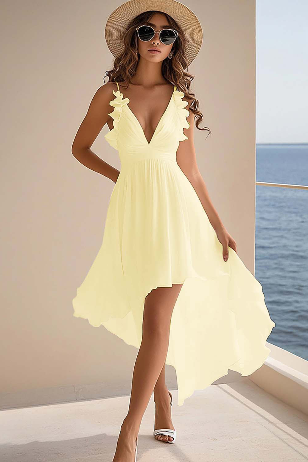 ZAPAKA Women Chiffon High-Low Graduation Dress Ruffled A Line V Neck Little White Dress, White / custom
