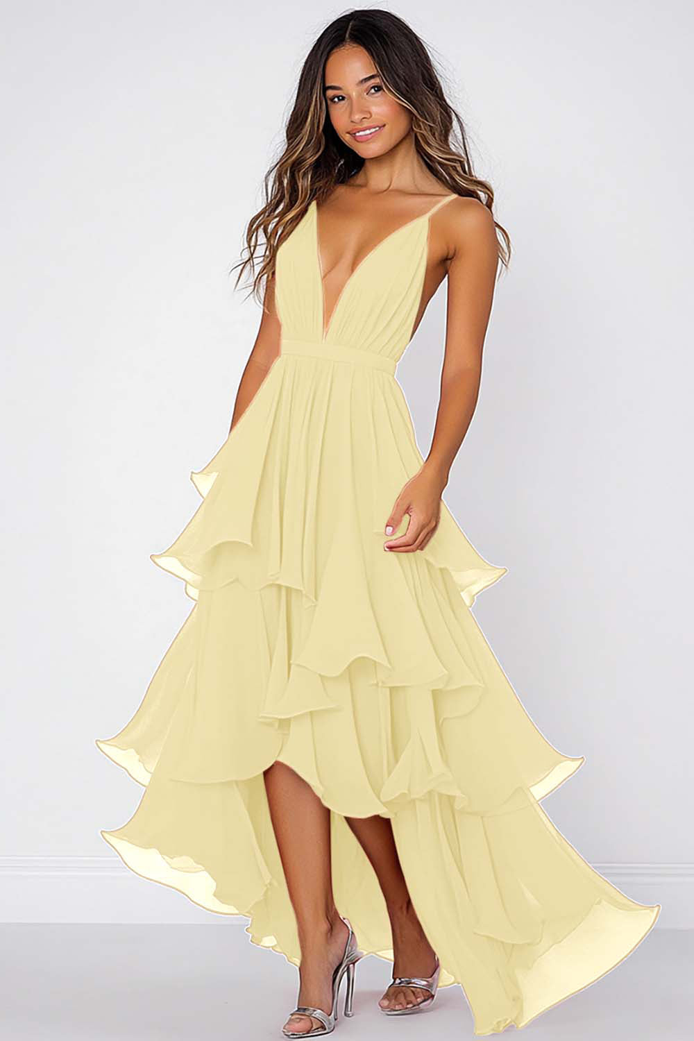 Red Deep V-Neck Pleated Long Asymmetrical Chiffon Formal Dress