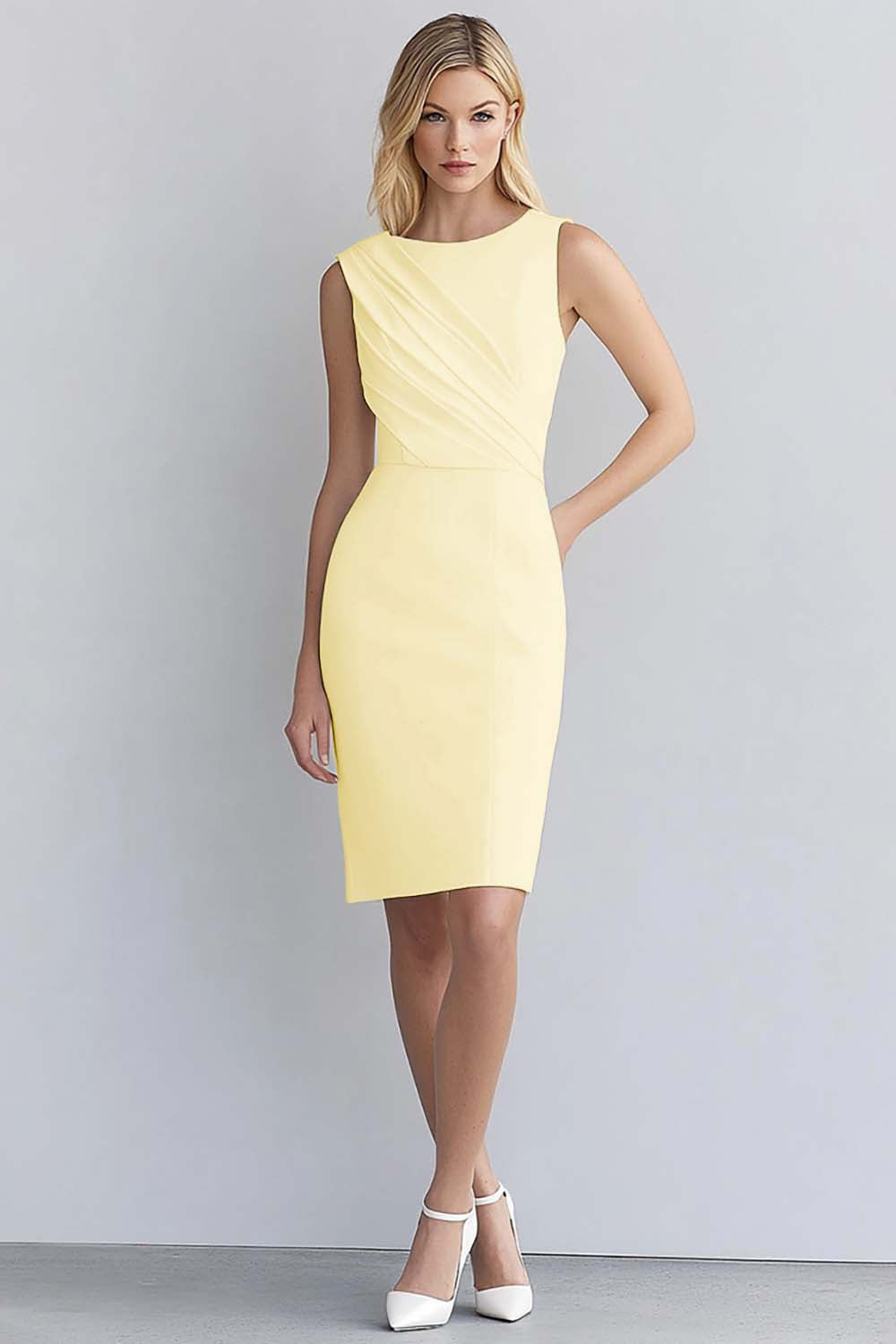 Ivory Bodycon Scoop Neck Sleeveless Ruched Short Work Dress