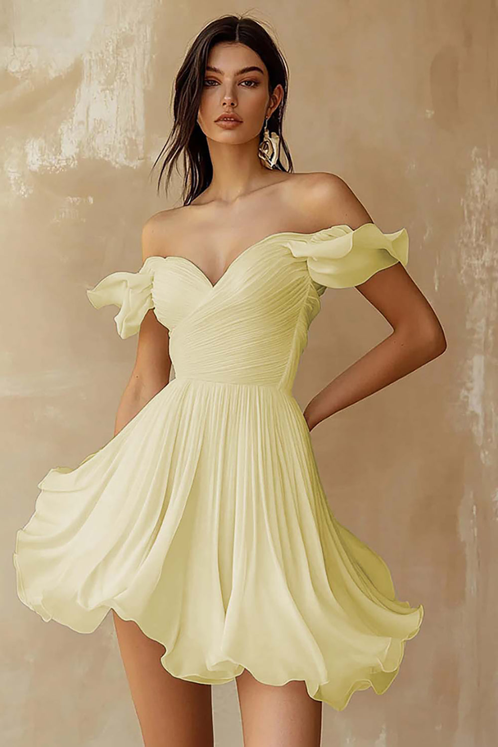 Zapaka Women Off The Shoulder Graduation Dress A Line Ruffled Pleated Little White Dress, Daffodil / US16W Zapaka Women Off The Shoulder Graduation Dress A Line Ruffled Pleated Little White Dress, Daffodil / US16W
